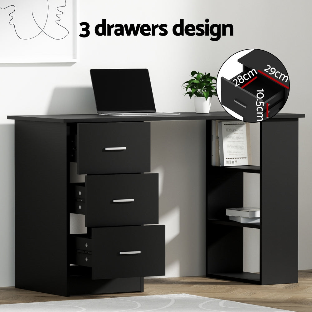 Black office desk 3 drawers design infographic with open drawers 28cm wide 29cm deep in home setting