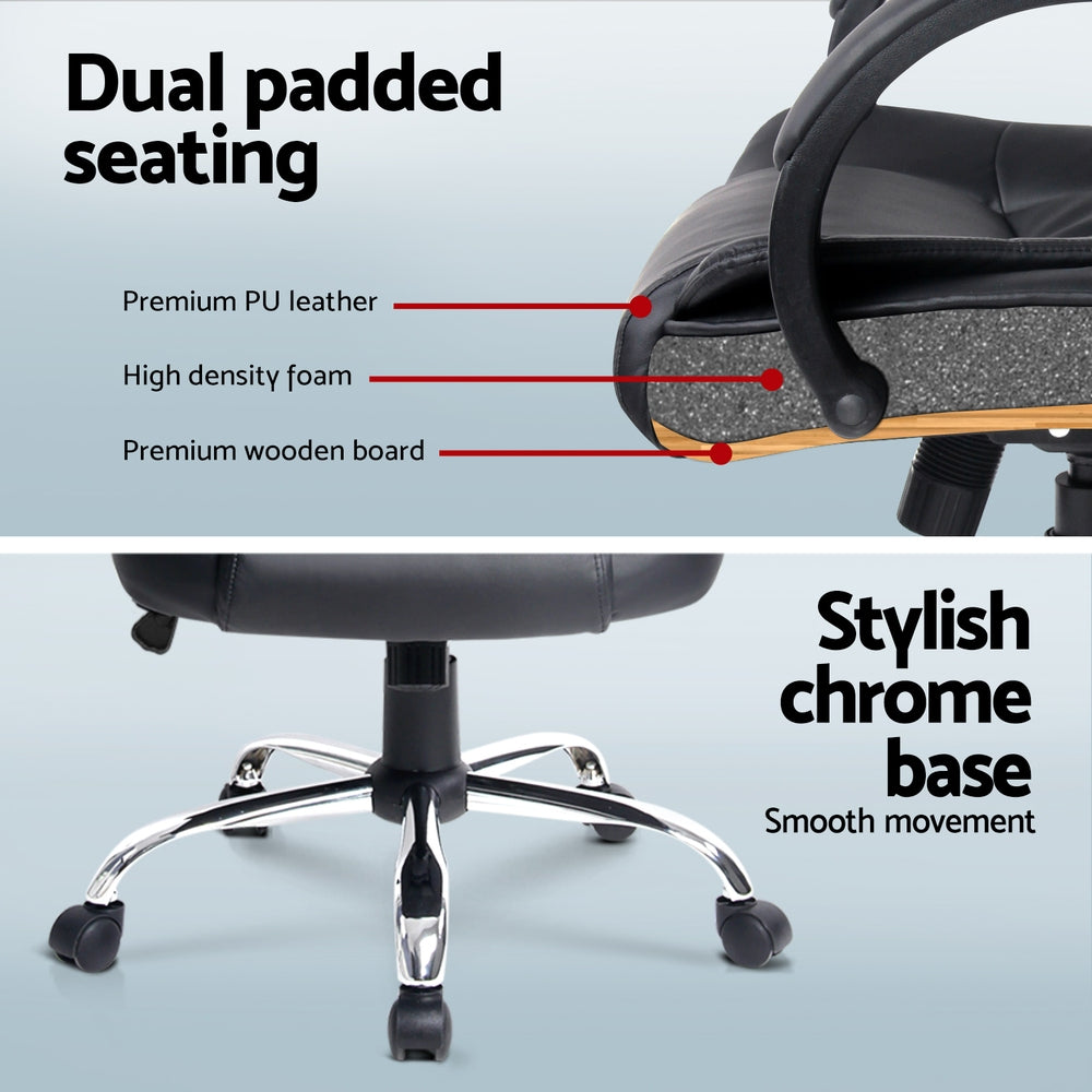 Black office chair dual padded seating cross-section showing PU leather foam and wooden board layers