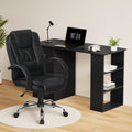 Black office desk and PU leather chair lifestyle setup with laptop and desk lamp in home office