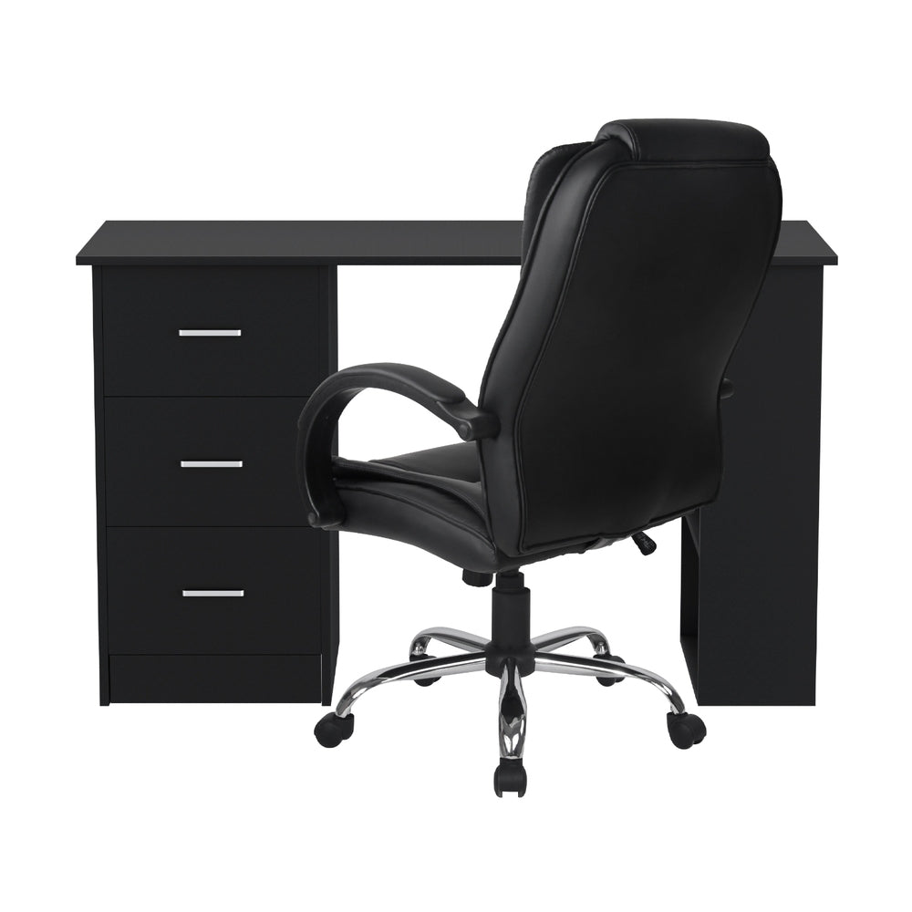 Black office desk with three drawers and black executive chair rear view on white background