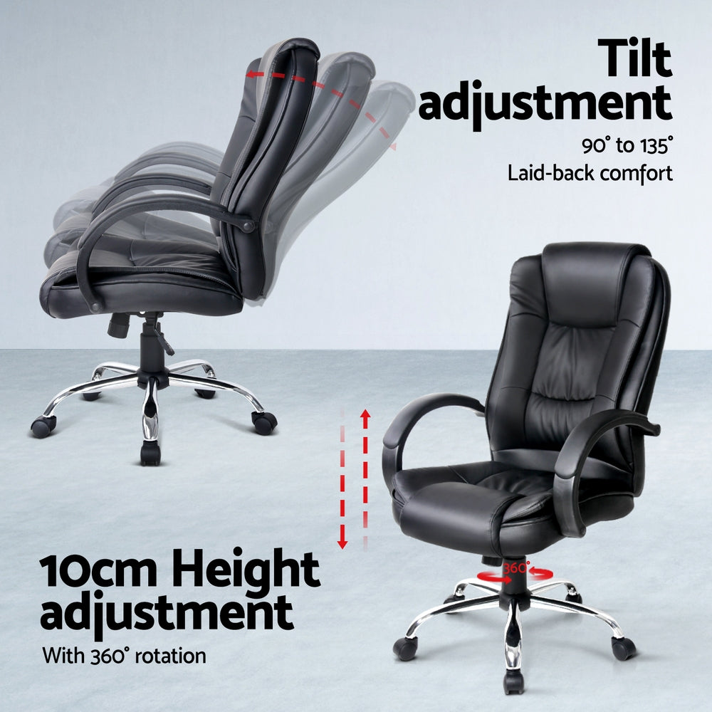 Black office chair tilt adjustment 90-135 degree recline and 10cm height adjustment infographic