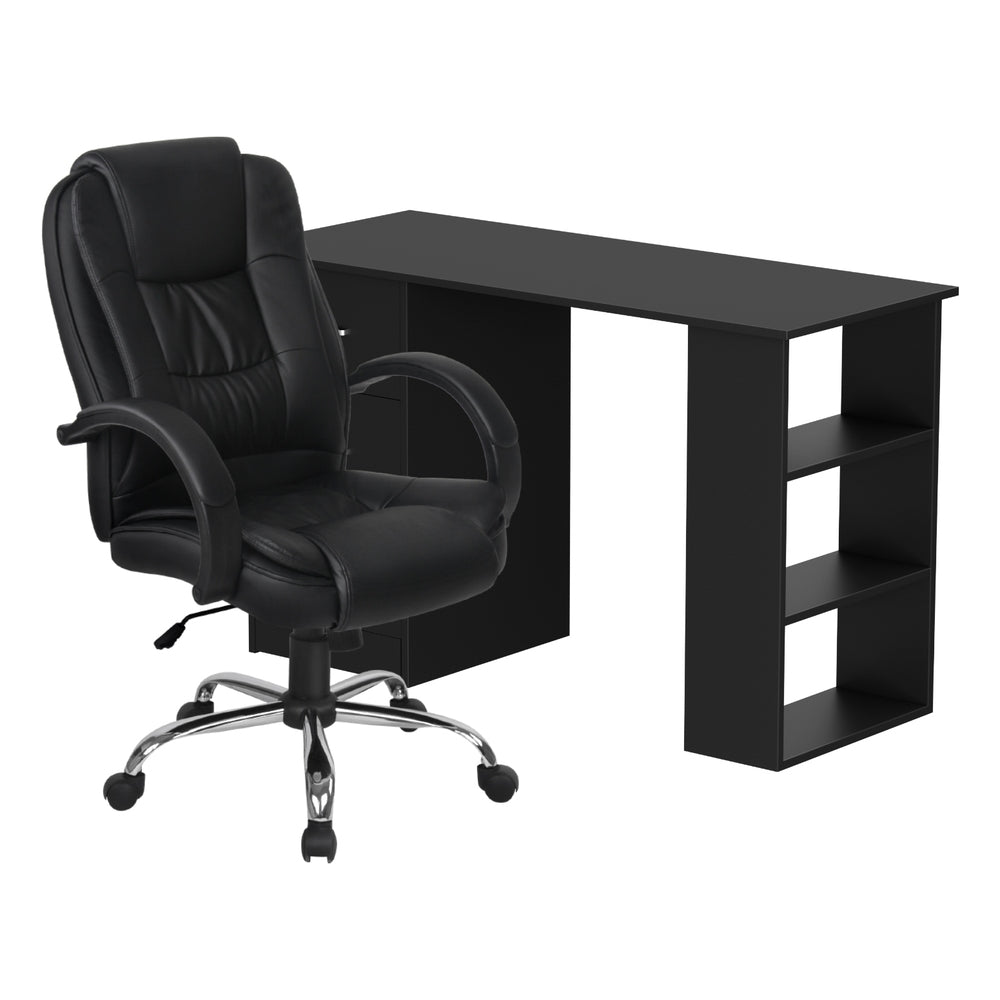 Black office desk with side shelves and black PU leather executive chair set on white background