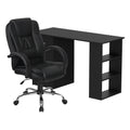 Black office desk with side shelves and black PU leather executive chair set on white background