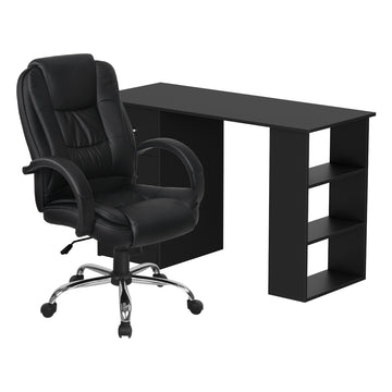 Black office desk with side shelves and black PU leather executive chair set on white background