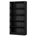 Black open bookcase with five adjustable shelves and central divider, empty, angle view on white background