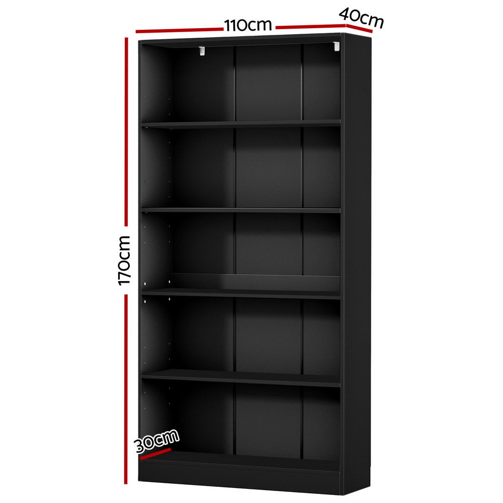 Black bookcase dimensions: 110cm wide, 40cm deep, 170cm tall, with five adjustable shelves and central divider