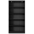 Black open bookcase with five shelves and three columns, front view on white background