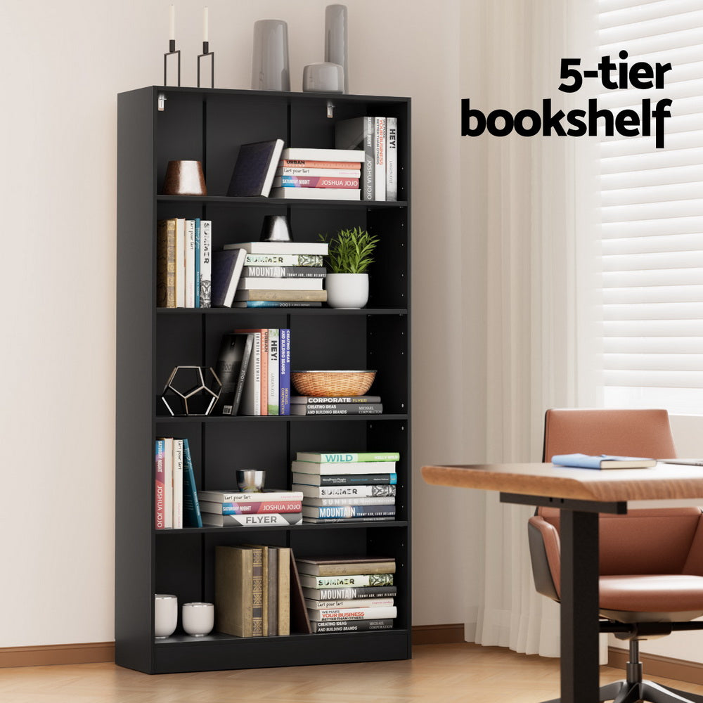 Black five-tier bookcase styled with books and decor in home office beside a desk; text reads 5-tier bookshelf