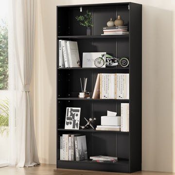 Black open bookcase with six shelves and central divider, styled with books and decor in a bright living room