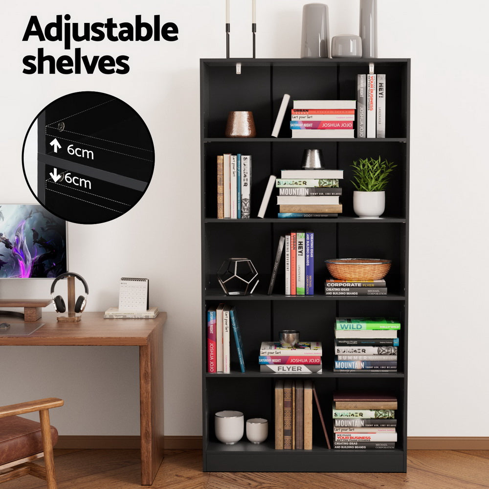 Black bookcase styled in home office with adjustable shelves feature highlighted; 6cm adjustment intervals per shelf position