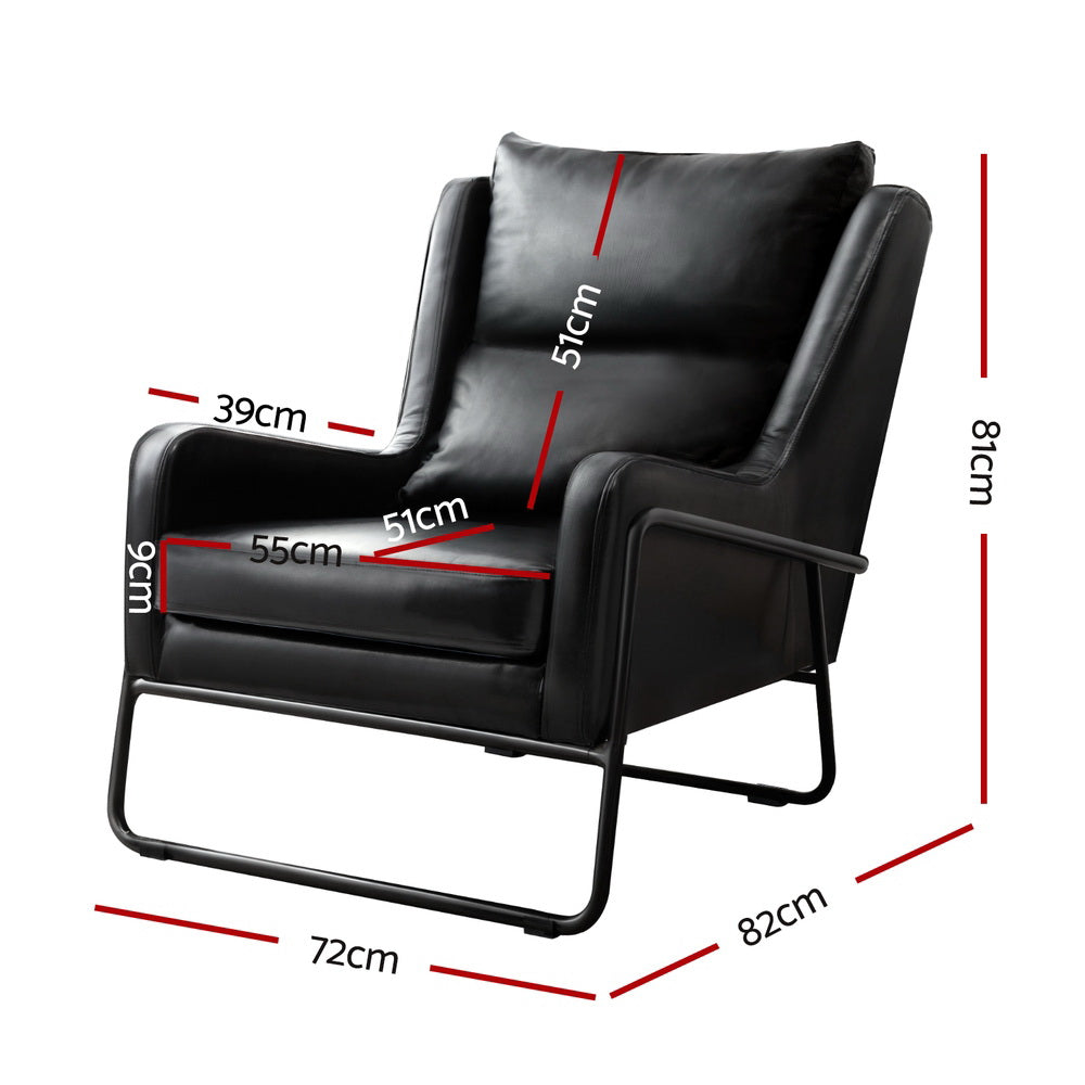 Black PU leather armchair with metal sled frame, dimensions: 72cm wide, 82cm deep, 81cm tall, seat 55cm wide, 51cm deep