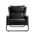 Black PU leather armchair with winged back, padded seat, and black metal sled base frame, front view on white background