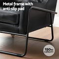 Black PU leather armchair close-up of metal sled frame and anti-slip pads on wood floor; 150kg capacity badge