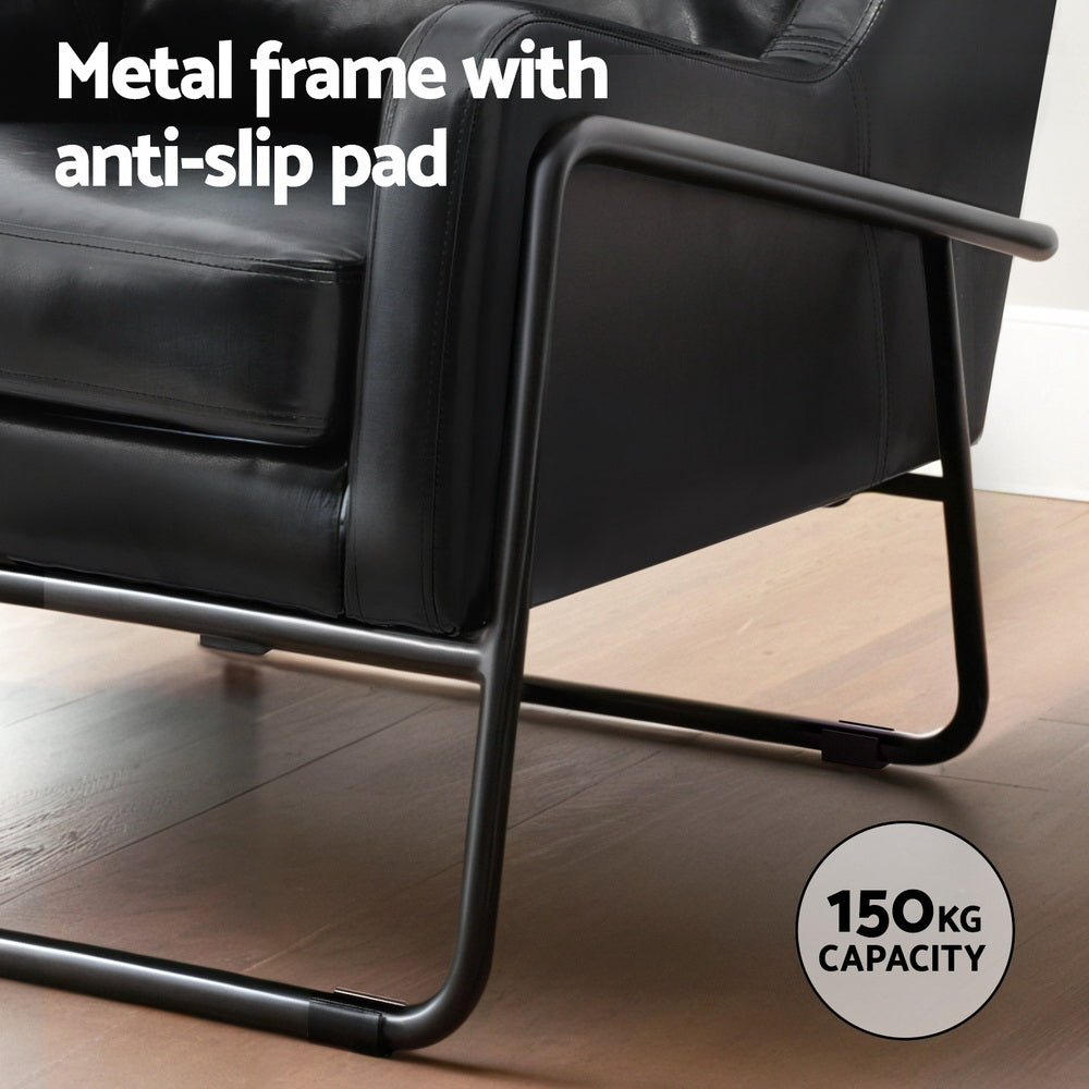 Black PU leather armchair close-up of metal sled frame and anti-slip pads on wood floor; 150kg capacity badge