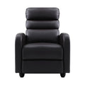 Black PU leather recliner chair with segmented padded back and rounded arms, direct front view on white background