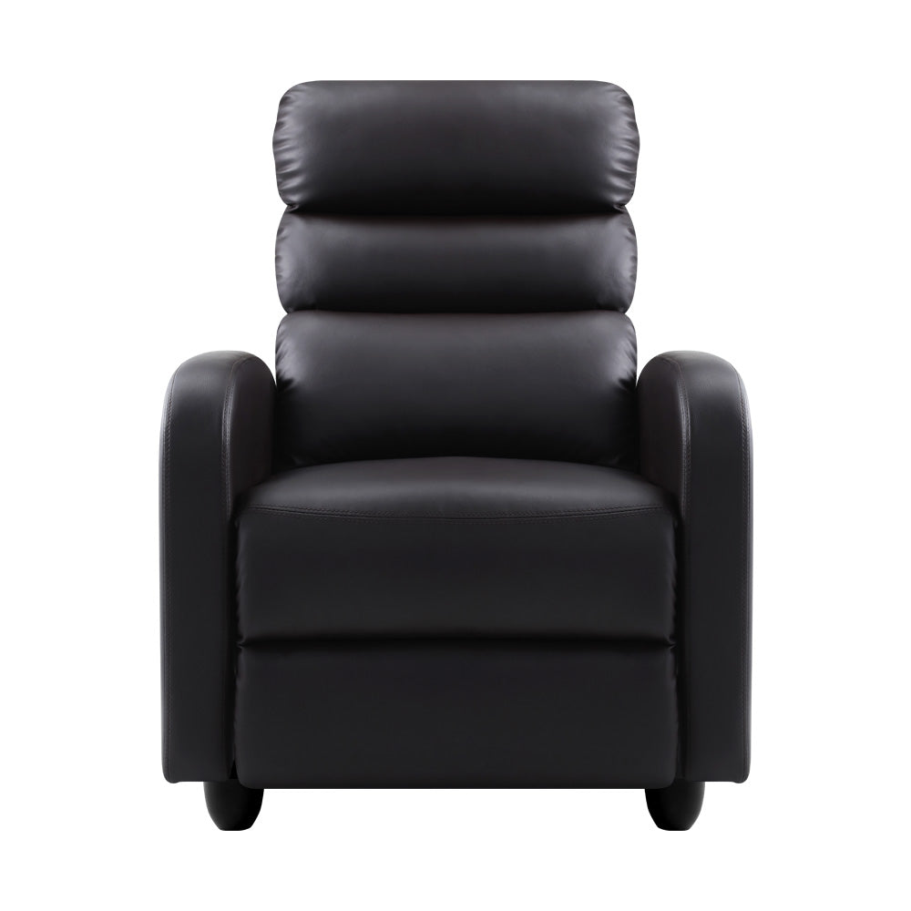 Black PU leather recliner chair with segmented padded back and rounded arms, direct front view on white background