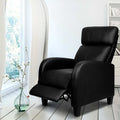 Black PU leather recliner chair in reclined position with extended footrest, in white room with arched mirror and bookshelf