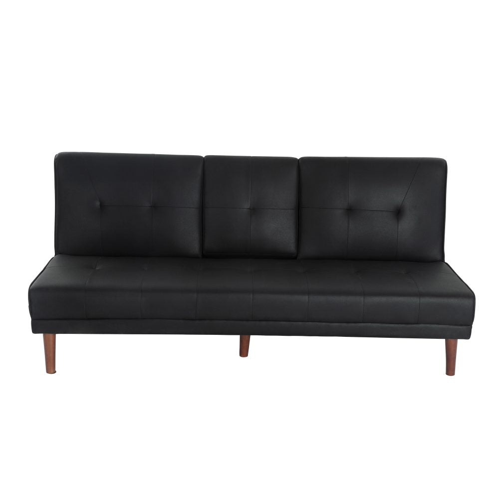 Front view of black PU leather sofa bed armless design with tufted back and walnut legs