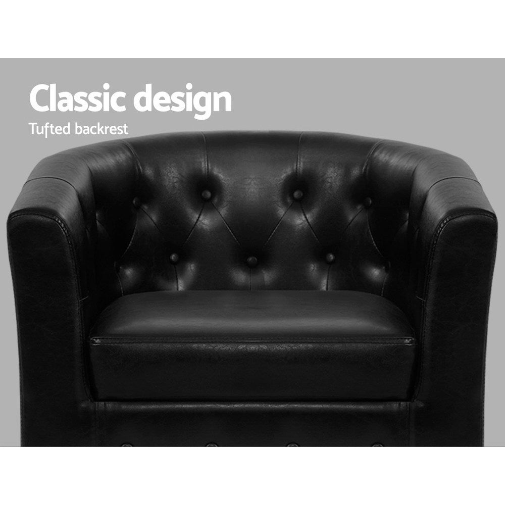 Close-up of black PU leather tub chair barrel back with button tufting, text: Classic design, Tufted backrest