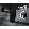 Close-up of black solid wooden legs with inset showing anti-scratch foot pad, text: Solid wood legs, Anti-scratch pads