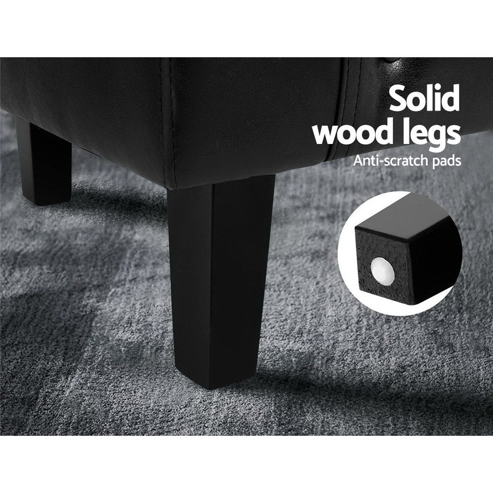 Close-up of black solid wooden legs with inset showing anti-scratch foot pad, text: Solid wood legs, Anti-scratch pads