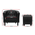 Dimensions diagram of black tub chair (70W 64H 58.5D cm, seat 48cm) and ottoman (32x32cm, 28.5cm base)