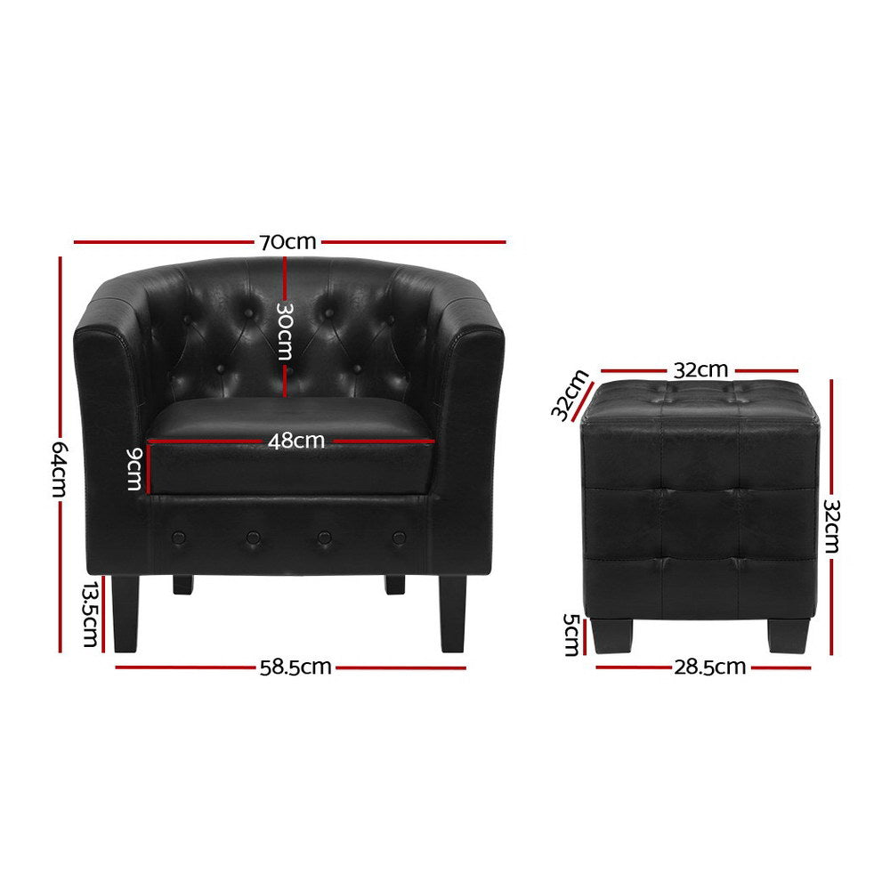 Dimensions diagram of black tub chair (70W 64H 58.5D cm, seat 48cm) and ottoman (32x32cm, 28.5cm base)
