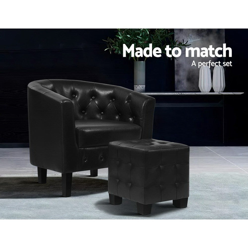 Black PU leather tub chair and matching ottoman in dark lifestyle room, text: Made to match, A perfect set