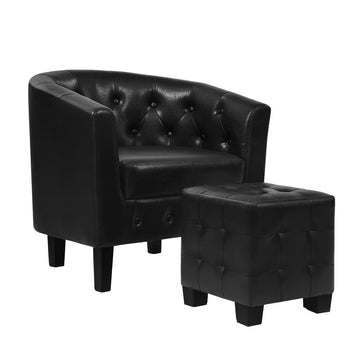 Black PU leather button-tufted tub chair with matching square tufted ottoman, black wooden legs, on white background
