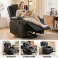 Black PU leather lift recliner upright on white background, steel lift frame visible, cup holders and side pockets