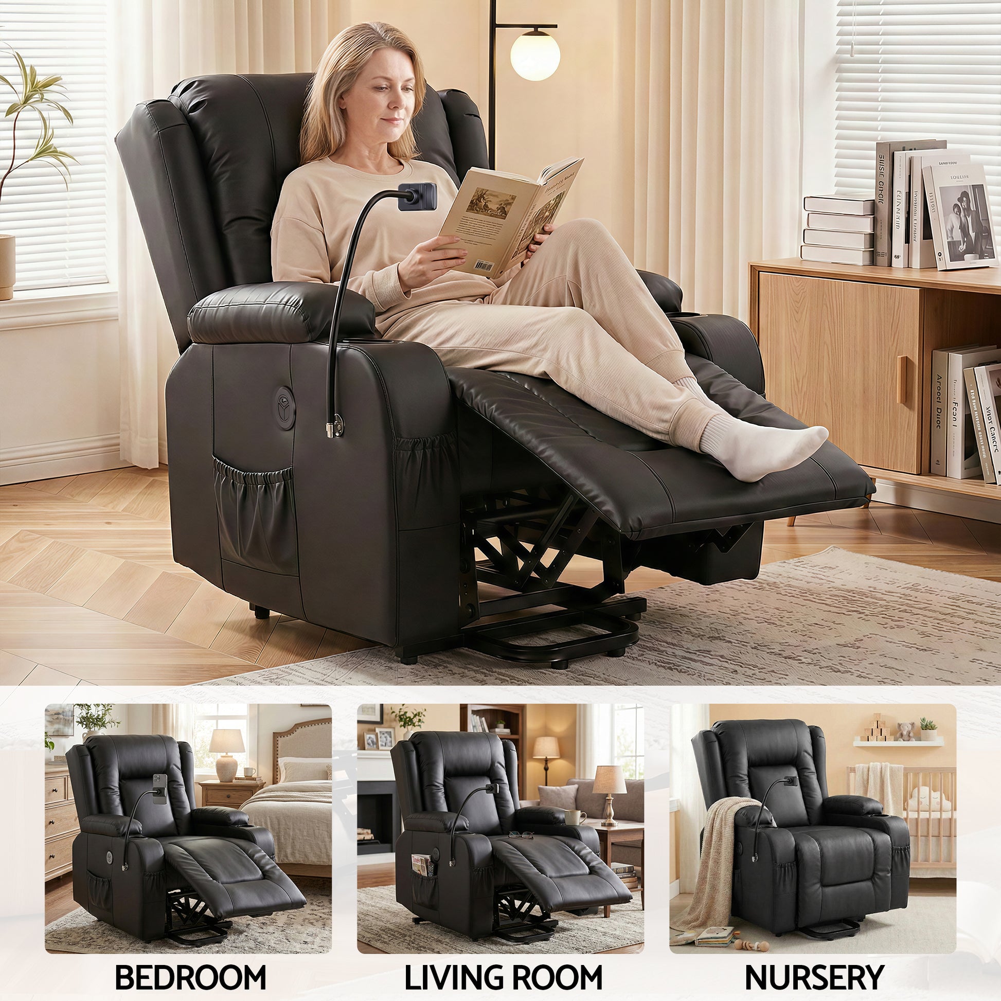Black PU leather lift recliner upright on white background, steel lift frame visible, cup holders and side pockets