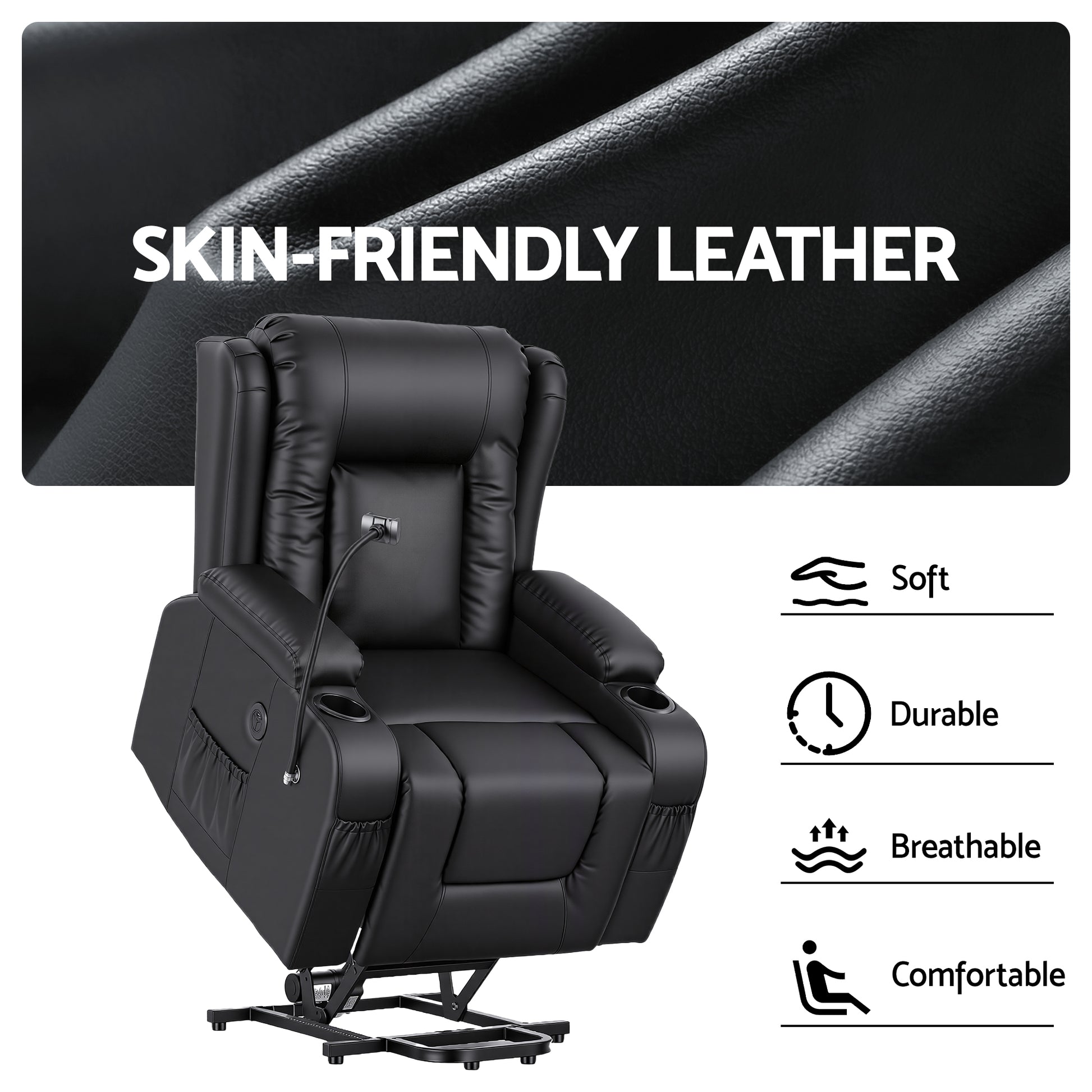 Black lift recliner: overstuffed armrests, 2 cup holders, 2 side pockets, 2 front pockets, text: Multifunctional Design