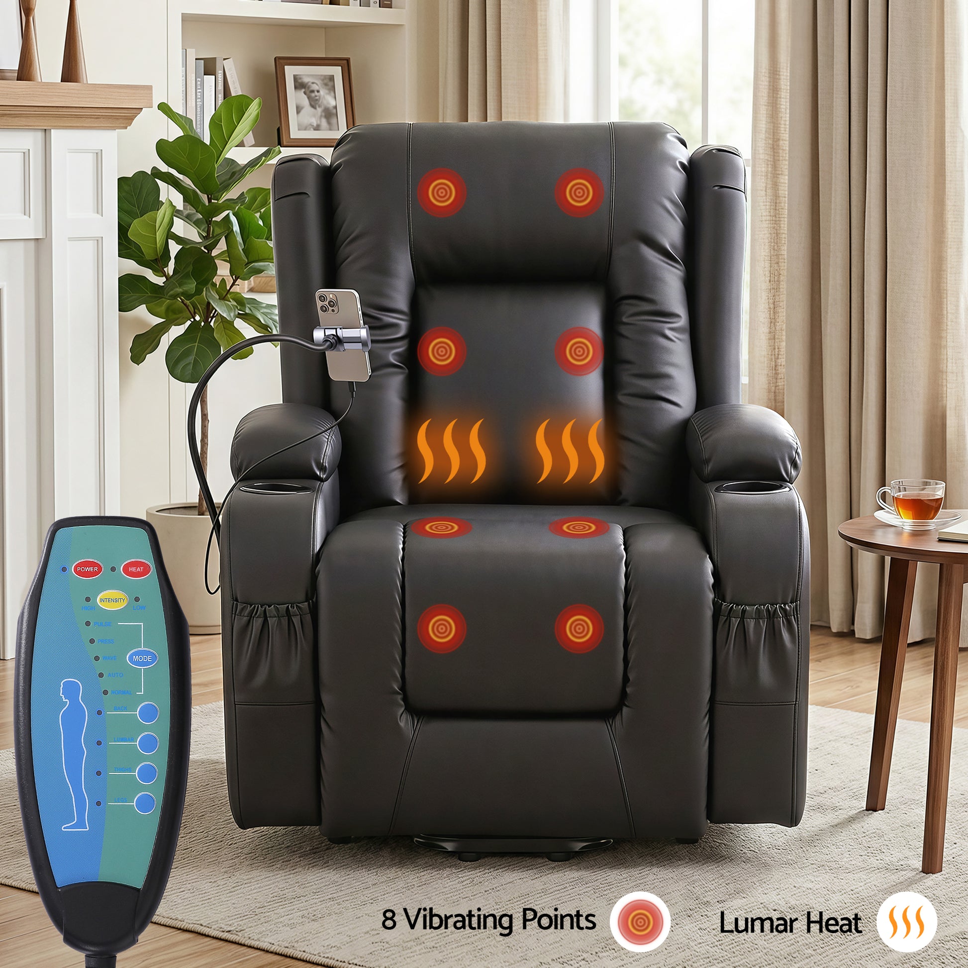 Black PU lift recliner: USB charging port and phone holder close-ups, woman reclined in chair, text: Built-in Charging Port