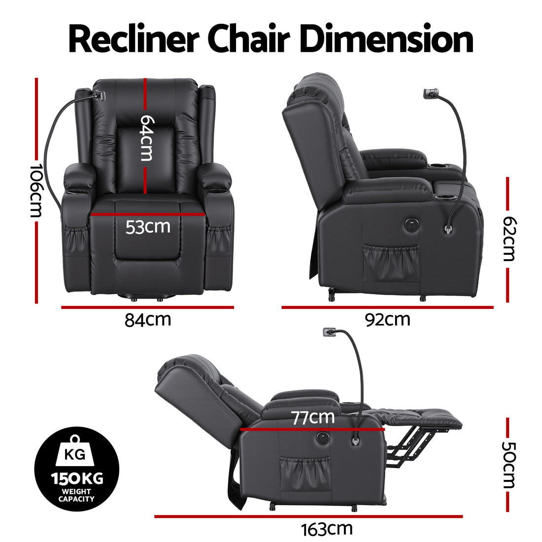Dimensions of black PU lift recliner: 106H 84W cm, seat 53cm, back 64cm, side 62x92cm, reclined 163cm, 150KG capacity
