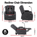 Black PU leather lift recliner with cup holders, side pockets and power control cable, front view on white background