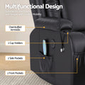 Woman reading in black PU lift recliner with footrest and phone holder arm, room insets: Bedroom, Living Room, Nursery