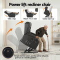 Black PU lift recliner angle view in lift position, leather texture close-up, badges: Soft, Durable, Breathable, Comfortable