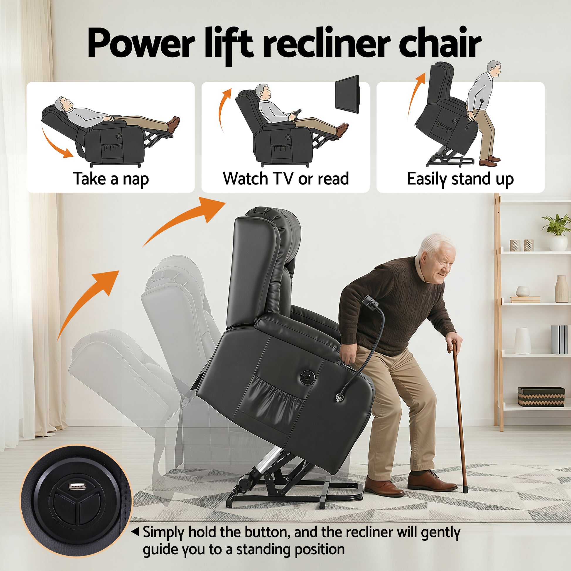 Black PU lift recliner angle view in lift position, leather texture close-up, badges: Soft, Durable, Breathable, Comfortable
