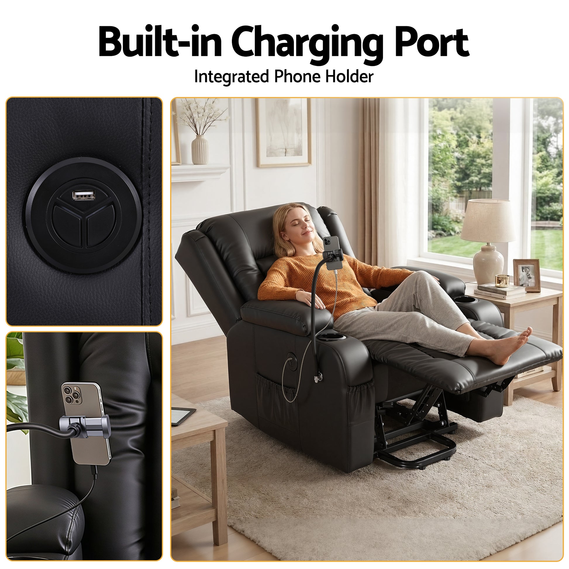 Power lift recliner: 3 use positions (nap, TV, stand-up), elderly man with cane assisted to standing position