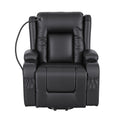 Black PU lift recliner massage heat infographic: 8 vibrating points and lumbar heat zone highlighted, remote control shown