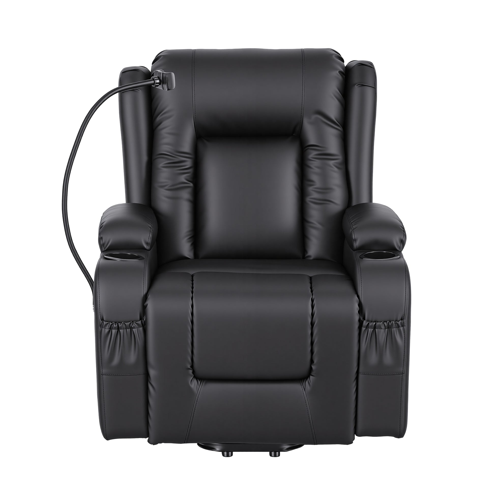 Black PU lift recliner massage heat infographic: 8 vibrating points and lumbar heat zone highlighted, remote control shown