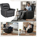 Black PU leather recliner with gold nailhead trim, tufted back and power button on arm, angle view on white background