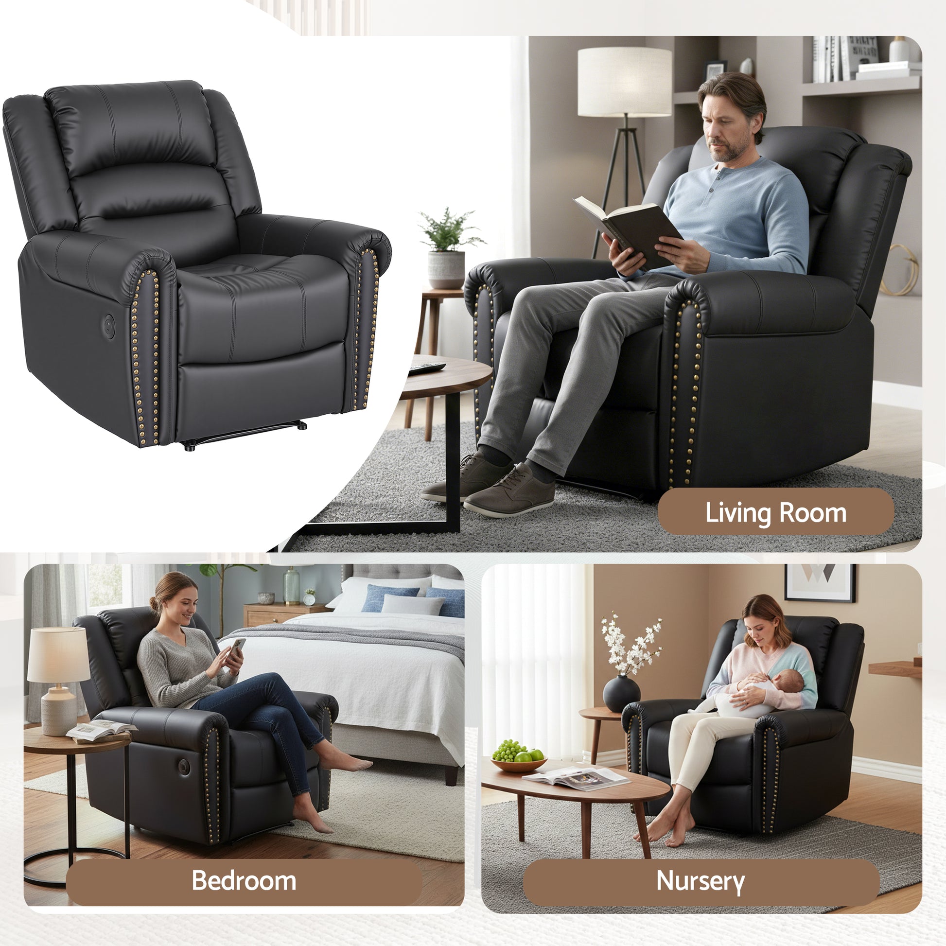 Black PU leather recliner with gold nailhead trim, tufted back and power button on arm, angle view on white background
