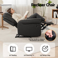 Black PU nailhead recliner in room with plant, hand holding charging phone via USB port, text: Built-in Charging Port