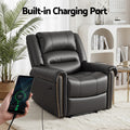 Black PU nailhead recliner with leather texture close-up, badges: Soft, Durable, Breathable, Comfortable