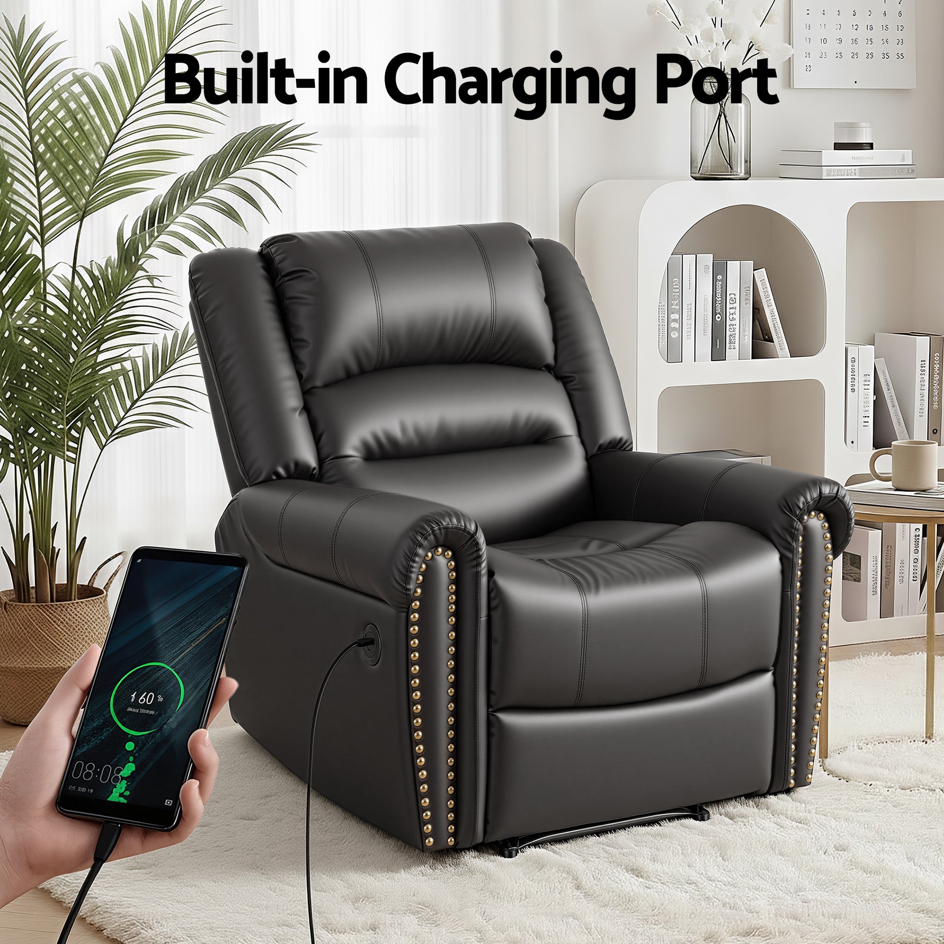 Black PU nailhead recliner with leather texture close-up, badges: Soft, Durable, Breathable, Comfortable