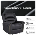 Black PU nailhead recliner details: overstuffed backrest, sturdy metal support, comfortable wide seat, text: Product Details