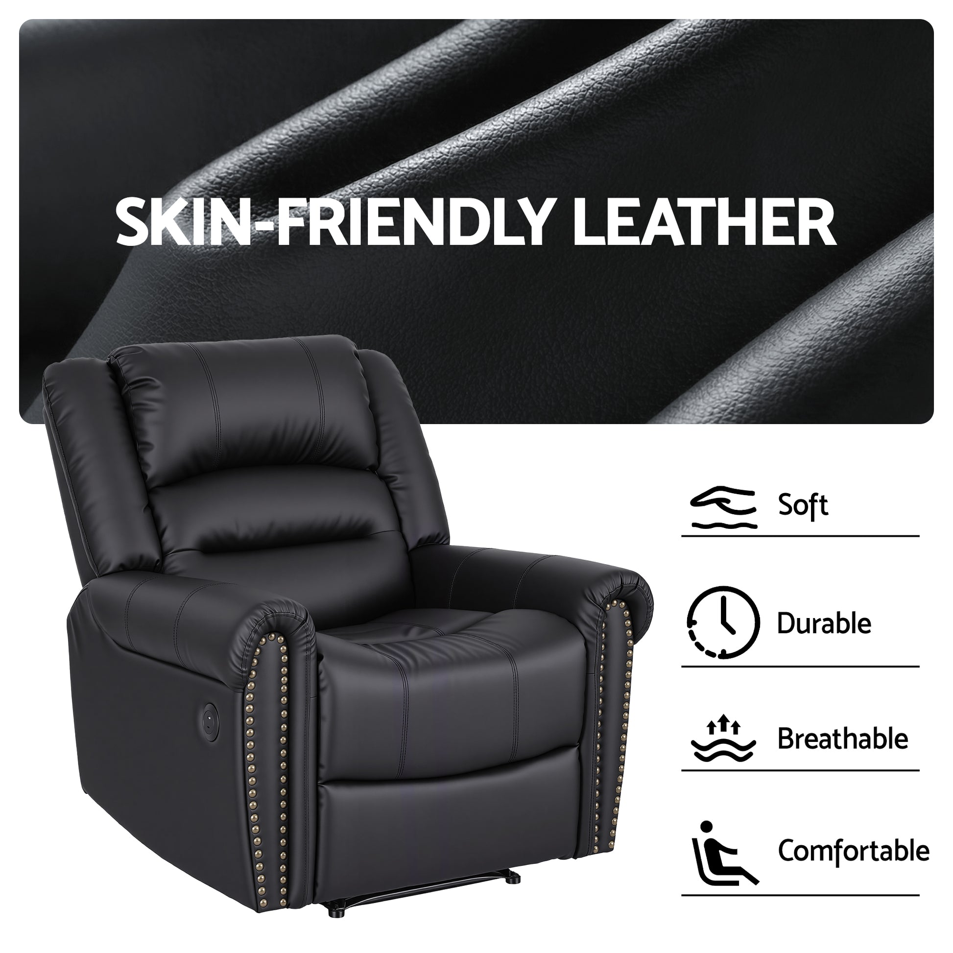 Black PU nailhead recliner details: overstuffed backrest, sturdy metal support, comfortable wide seat, text: Product Details