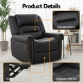 Black PU nailhead recliner lifestyle composite: man reading in living room, woman in bedroom, nursing in nursery