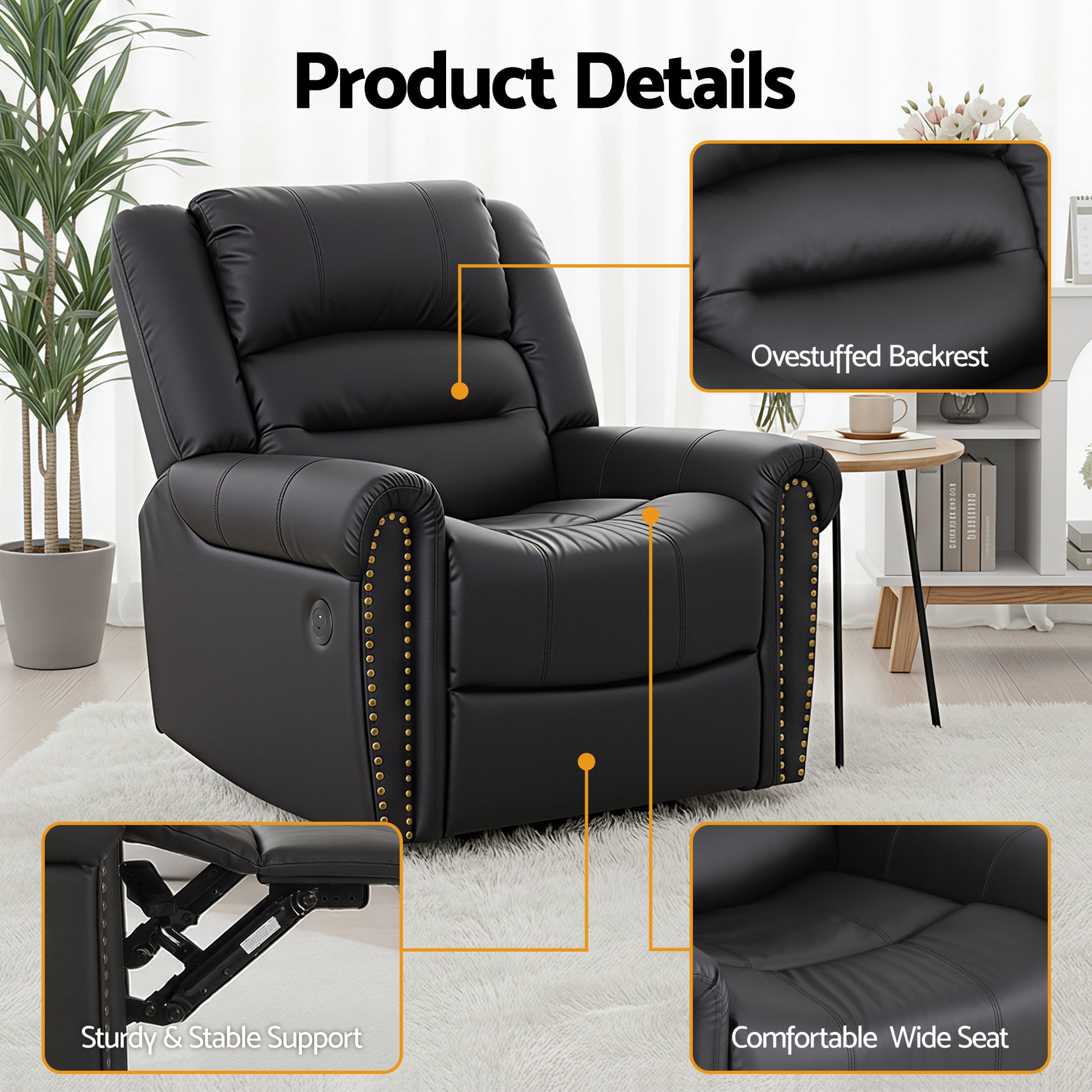 Black PU nailhead recliner lifestyle composite: man reading in living room, woman in bedroom, nursing in nursery